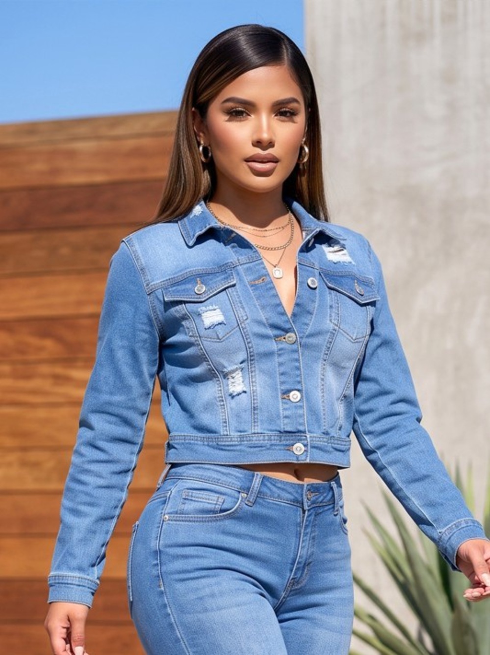 Light Blue Cropped Denim Jacket - Women's Jean Jacket  J-58273